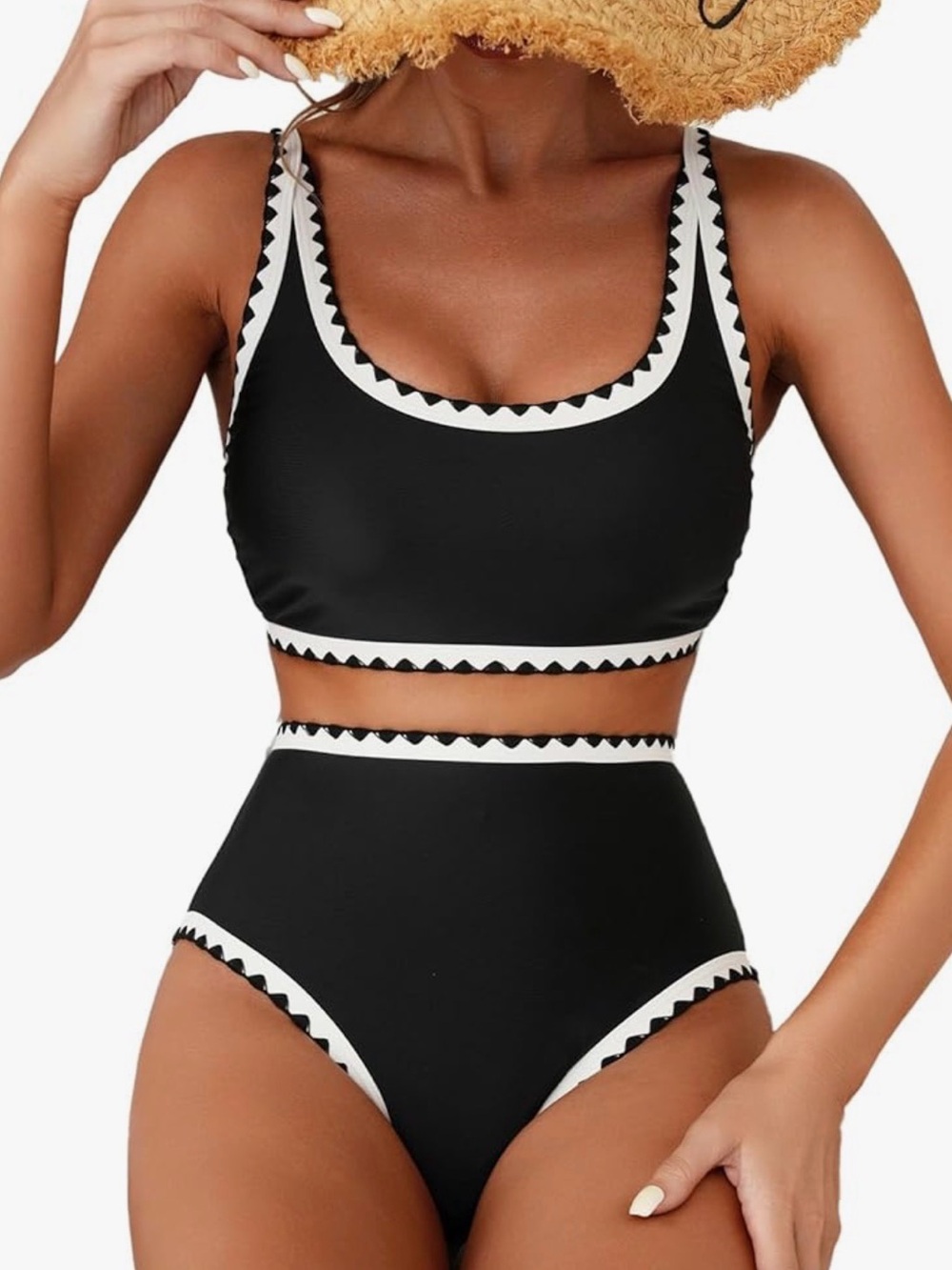 Black & White Whipstitch High-Waist Two-Piece Bikini Swim Set